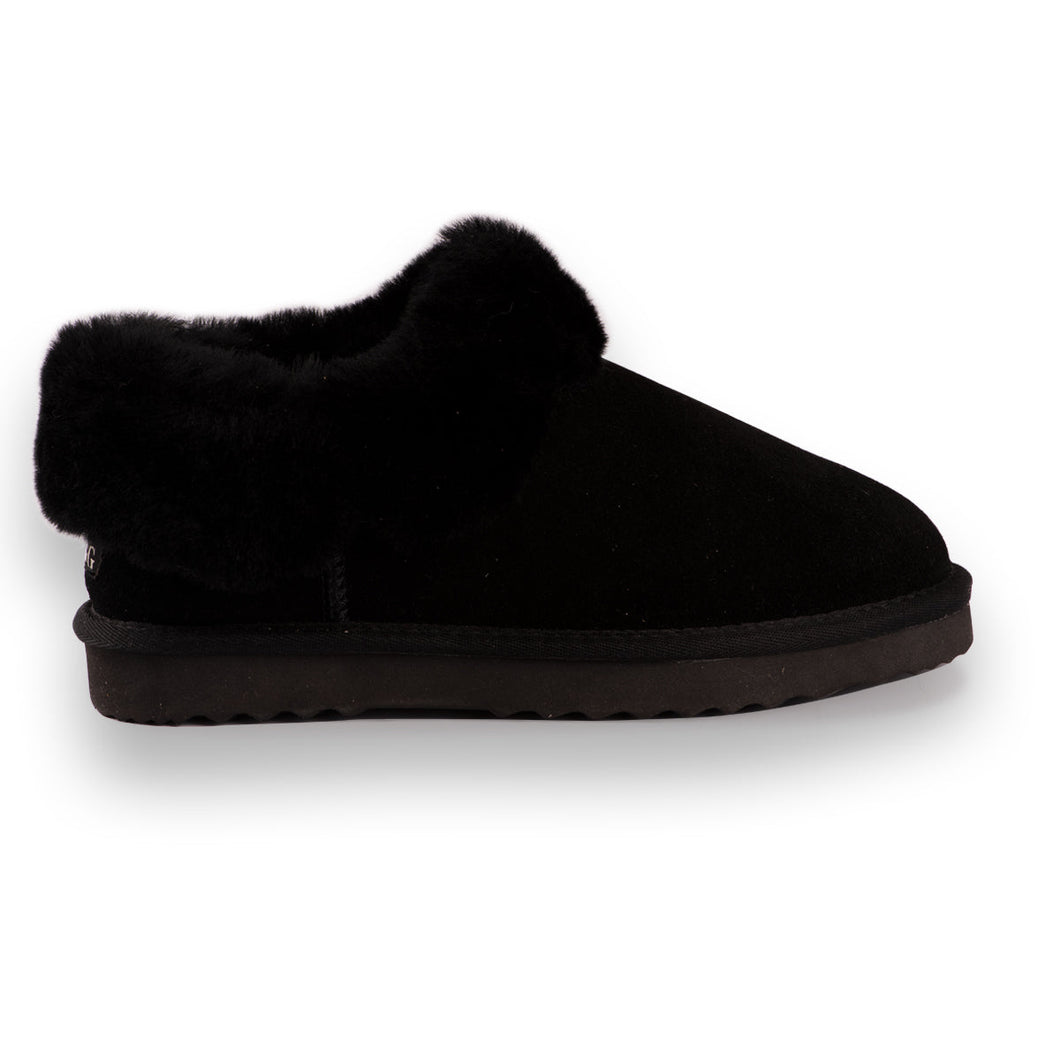 AUS WOOLI UGG UNISEX SHEEPSKIN WOOL TRADITIONAL ANKLE SLIPPERS - BLACK