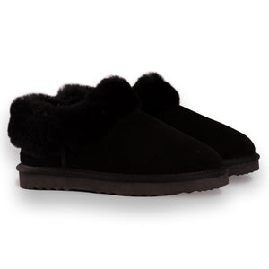 AUS WOOLI UGG UNISEX SHEEPSKIN WOOL TRADITIONAL ANKLE SLIPPERS - BLACK