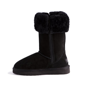 AUS WOOLI UGG TALL ZIP-UP SHEEPSKIN BOOT - Black