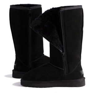 AUS WOOLI UGG TALL ZIP-UP SHEEPSKIN BOOT - Black