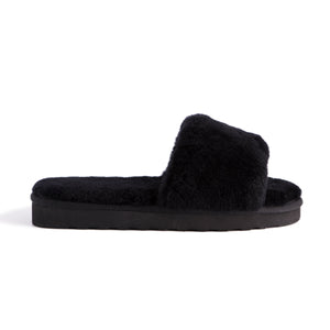 AUS WOOLI UGG WOMEN SHEEPSKIN FLUFF SLIDE - Black