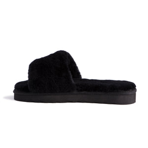 AUS WOOLI UGG WOMEN SHEEPSKIN FLUFF SLIDE - Black