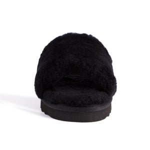 AUS WOOLI UGG WOMEN SHEEPSKIN FLUFF SLIDE - Black