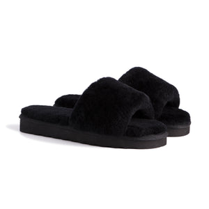 AUS WOOLI UGG WOMEN SHEEPSKIN FLUFF SLIDE - Black