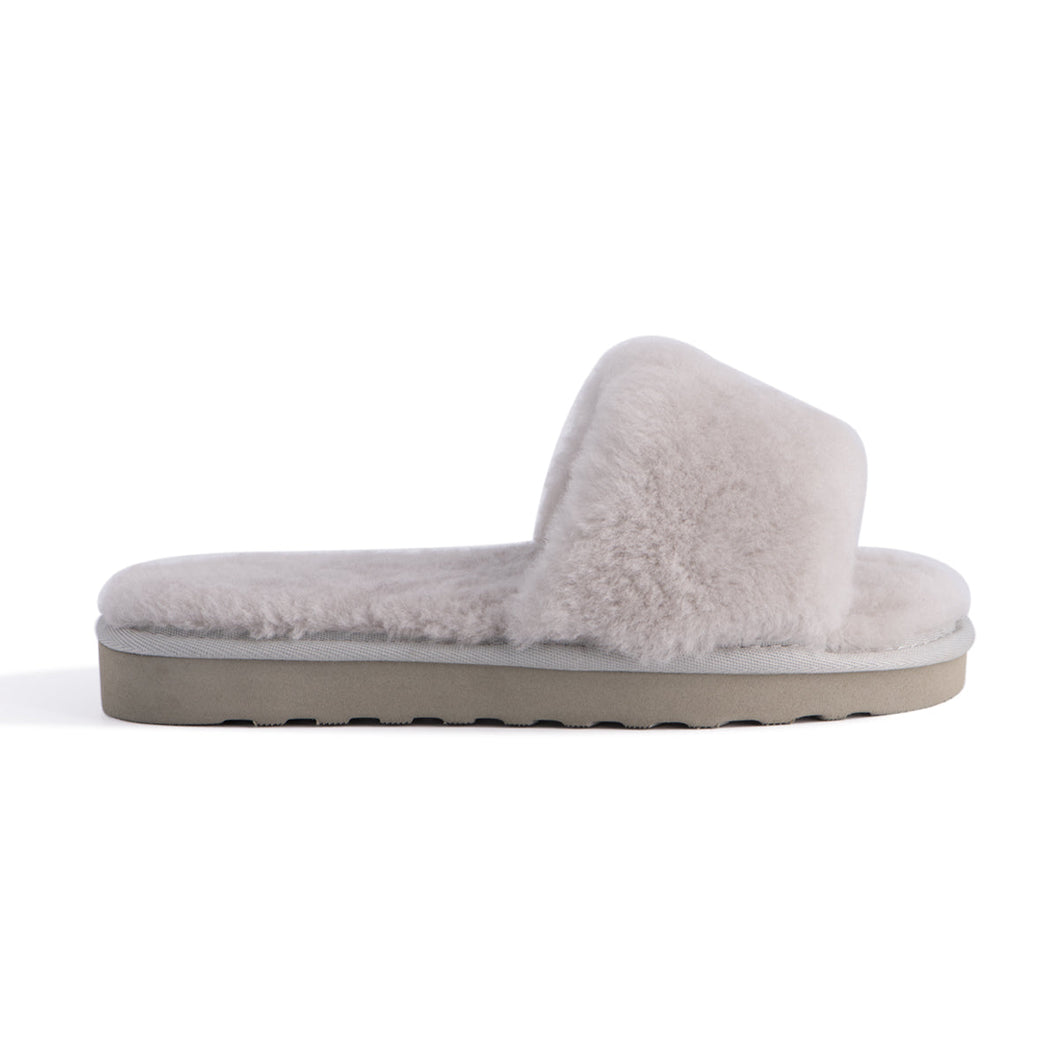 AUS WOOLI UGG WOMEN SHEEPSKIN FLUFF SLIDE - Light Grey