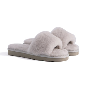 AUS WOOLI UGG WOMEN SHEEPSKIN FLUFF SLIDE - Light Grey