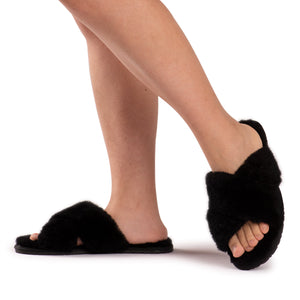 AUS WOOLI AUSTRALIA WOMEN SHEEPSKIN WOOL BRIGHTON SLIPPERS- BLACK